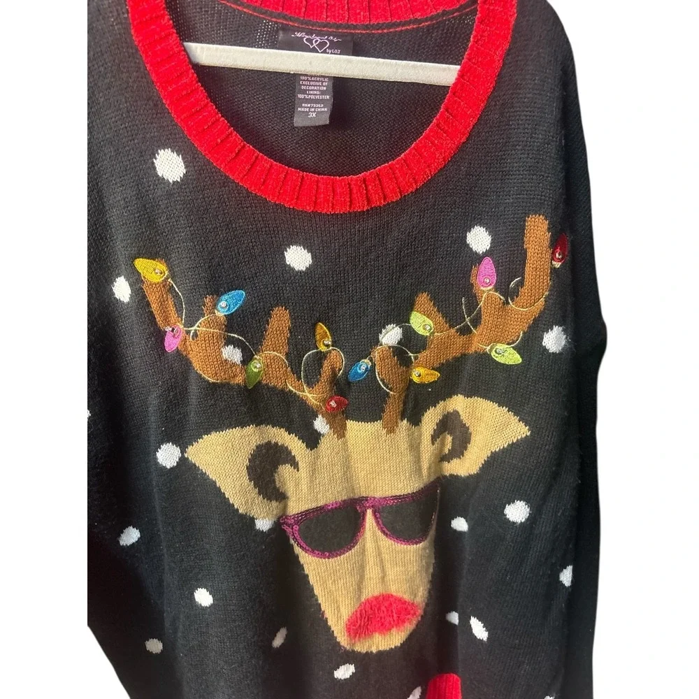 Hooked Up Reindeer Ugly Sweater Christmas‎ Lights Pullover Black Red Size 3X